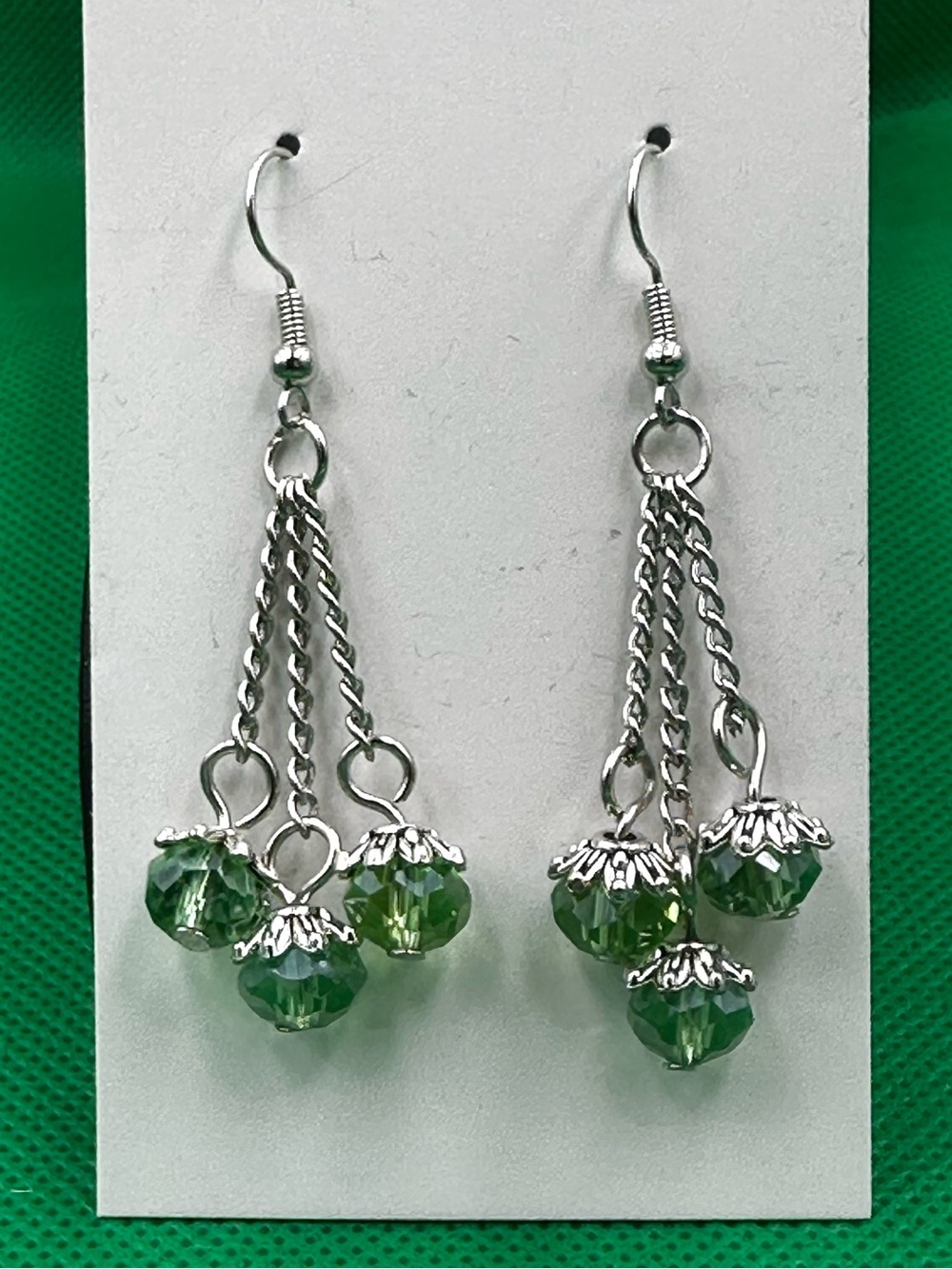 Handmade Silver Tone Multi-Strand Faceted Green Crystal Dangle Earrings